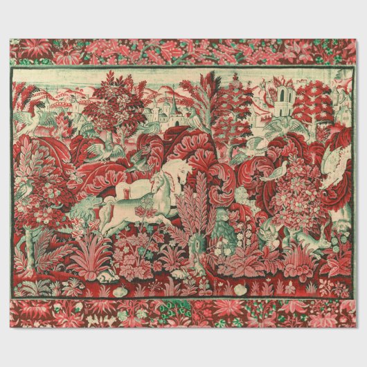 ファンタジー動物、馬、ウッドランドレッドグリーンフローラ ラッピングペーパー (フラット)