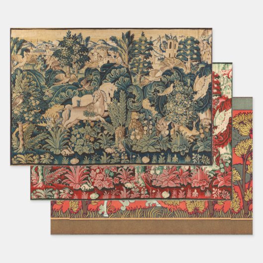 ファンタジー動物、馬、ウッドランドレッドブルーフローラ ラッピングペーパーシート (セット)