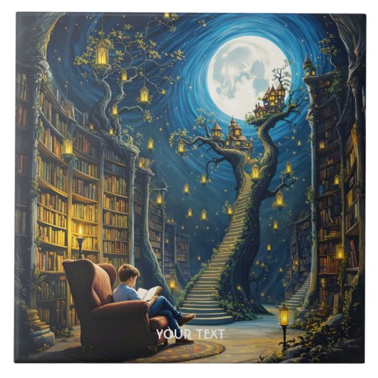 ファンタジー可愛い少年ツリー図書館 タイル (正面)