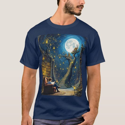 ファンタジー可愛い少年ツリー図書館 Tシャツ (正面)