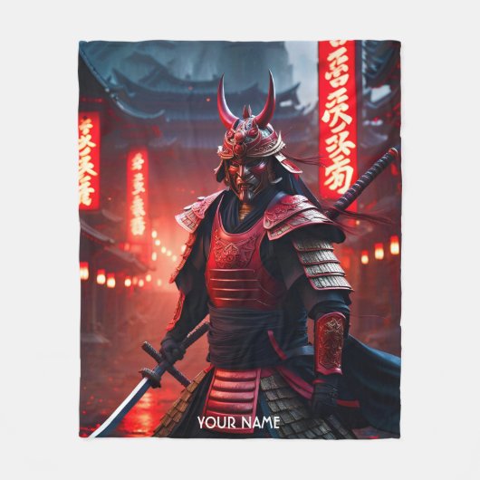 ファンタジー可愛い鮮やかな赤の侍 フリースブランケット (正面)