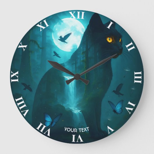 ファンタジー可愛い黒猫 ラージ壁時計 (正面)