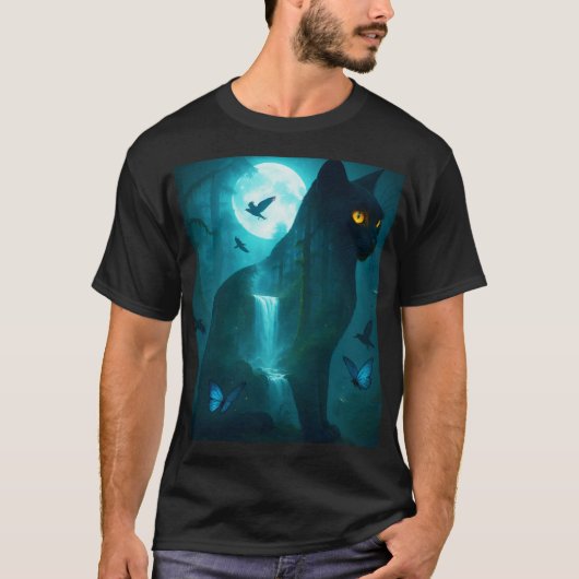 ファンタジー可愛い黒猫 Tシャツ (正面)