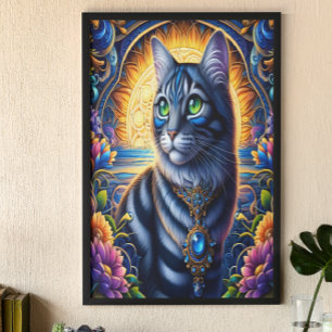 ファンタジー園に宝石を鮮やか並べた猫 ポスター