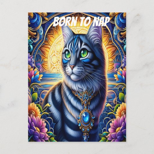 ファンタジー園に宝石を鮮やか並べた猫 ポストカード (正面)