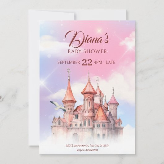 ファンタジー城のおとぎ話の赤ちゃんシャワー 招待状 (正面)