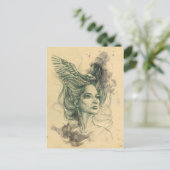 ファンタジー女性ポートレート鳥スカルウイングスサーレアル ポストカード (スタンド正面)