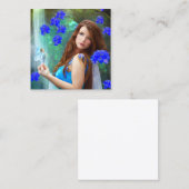 ファンタジー女性妖精ポートレートと青い花と スクエア名刺 (正面/裏面)