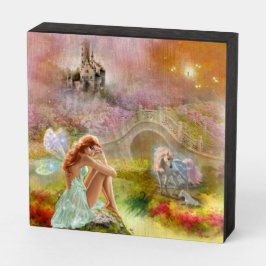 ファンタジー妖精とユニコーンが庭に ウッドボックスサイン