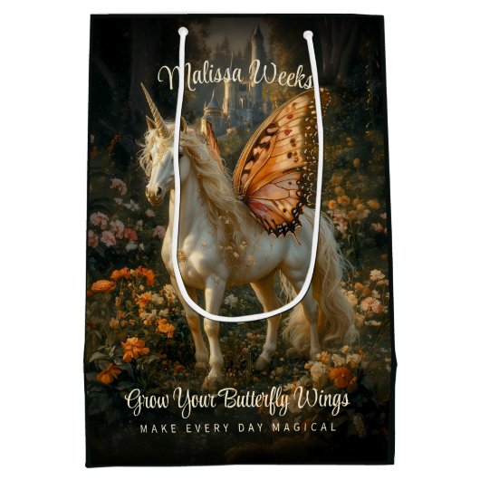 ファンタジー妖精の馬オレンジバタフライウイング ミディアムペーパーバッグ (裏面)