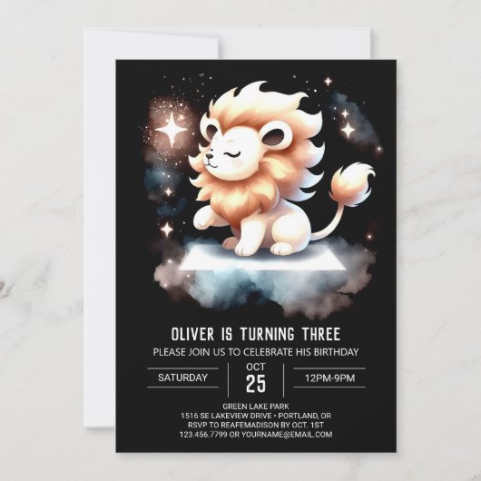 ファンタジー威厳のあるライオン誕生日 招待状 (正面)