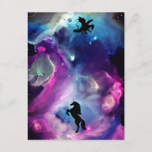 ファンタジー宇宙ネブラユニコーンドラゴンピンクブルー ポストカード