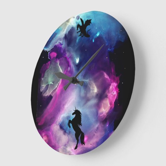 ファンタジー宇宙ネブラユニコーンドラゴンピンクブルー ラージ壁時計 (傾斜)