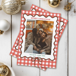 ファンタジー家族写真コラージュ ギンガムチェックのクリスマス シーズンカード