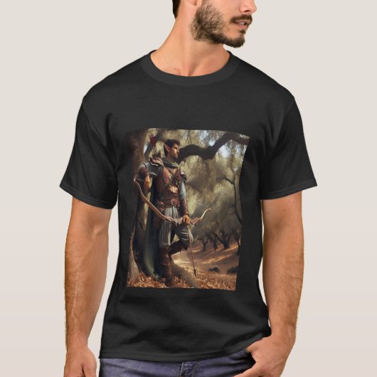 ファンタジー小妖精や小人アーチャー魅惑オークの森で休む Tシャツ (正面)