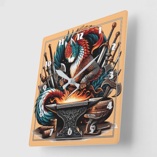 ファンタジー工房の狡猾な猫カラフル鍛冶屋 スクエア壁時計 (傾斜)