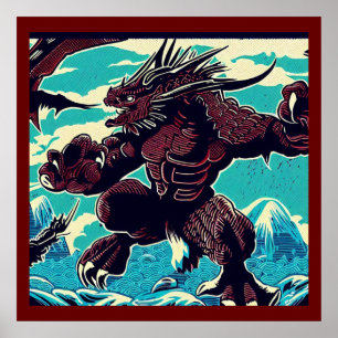ファンタジー怪獣アニメ – Woodcut 3 ポスター