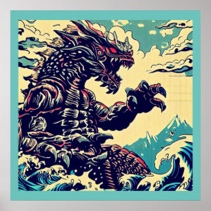 ファンタジー怪獣アニメ – Woodcut 4 ポスター
