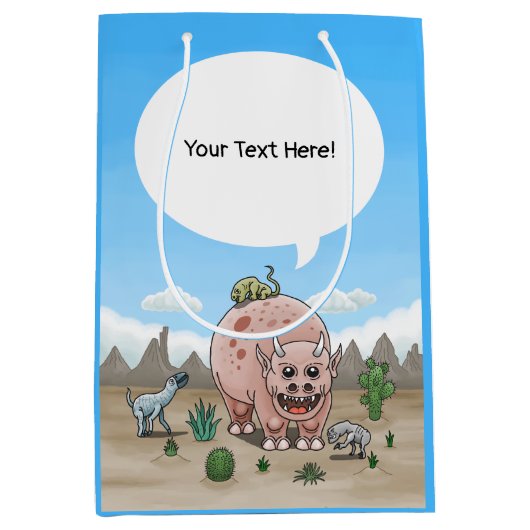 ファンタジー恐竜が砂漠にいる ミディアムペーパーバッグ (正面)