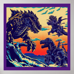 ファンタジー恐竜ロボットAnime - Woodcut 1 ポスター