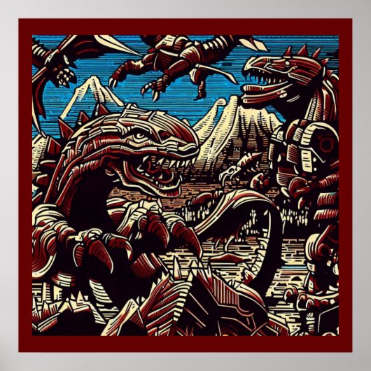ファンタジー恐竜ロボットAnime - Woodcut 2 ポスター (正面)