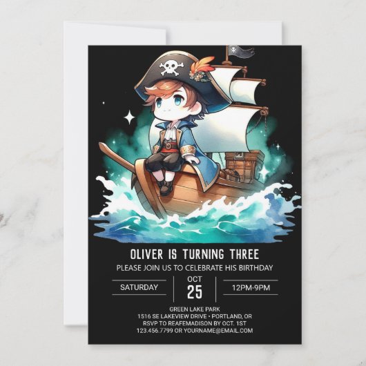 ファンタジー愛らしい海賊誕生日 招待状 (正面)