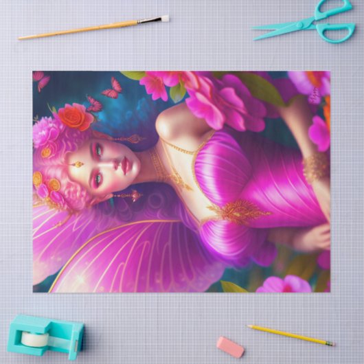 ファンタジー明るい赤紫色妖精フラワー蝶デクページ 薄葉紙 (クラフト)