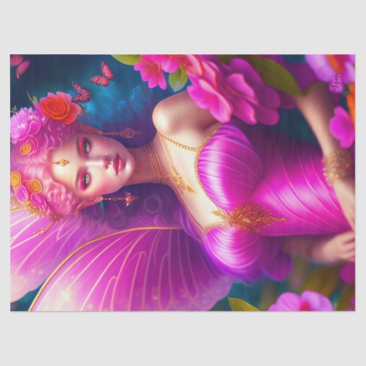 ファンタジー明るい赤紫色妖精フラワー蝶デクページ 薄葉紙 (正面)