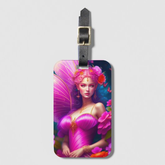 ファンタジー明るい赤紫色妖精フラワー蝶 ラゲッジタグ (正面縦)