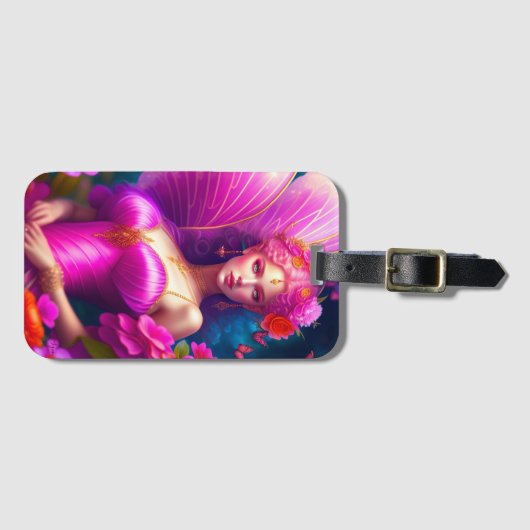 ファンタジー明るい赤紫色妖精フラワー蝶 ラゲッジタグ (正面横)