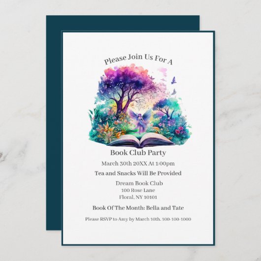 ファンタジー本の愛好家の妖精、本のクラブ 招待状 (正面/裏面)
