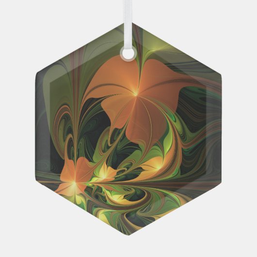 ファンタジー植物抽象芸術緑赤褐色フラクタル ガラスオーナメント (正面)