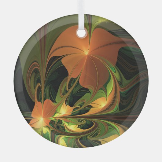 ファンタジー植物抽象芸術緑赤褐色フラクタル ガラスオーナメント (正面)