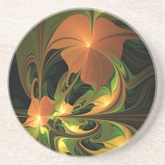 ファンタジー植物抽象芸術緑赤褐色フラクタル コースター (正面)