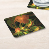 ファンタジー植物抽象芸術緑赤褐色フラクタル スクエアペーパーコースター (アングル)