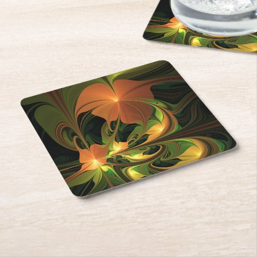 ファンタジー植物抽象芸術緑赤褐色フラクタル スクエアペーパーコースター (アングル)