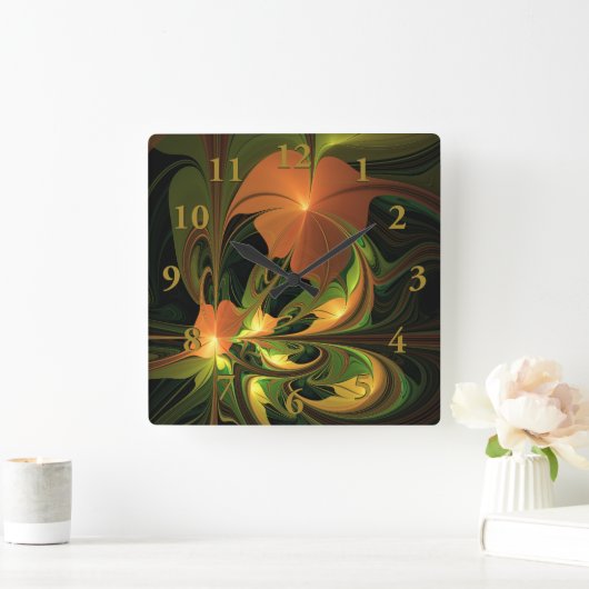 ファンタジー植物抽象芸術緑赤褐色フラクタル スクエア壁時計 (ホーム)