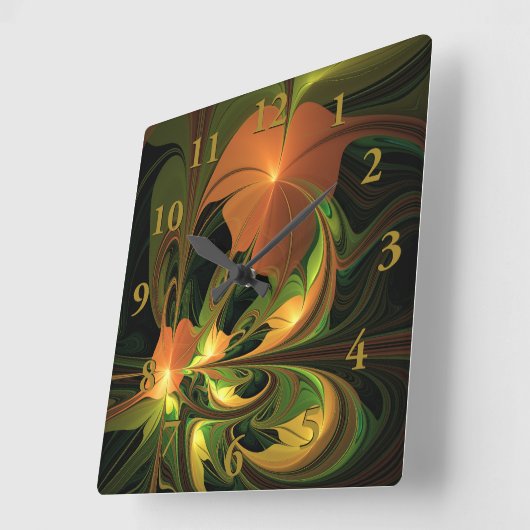 ファンタジー植物抽象芸術緑赤褐色フラクタル スクエア壁時計 (傾斜)