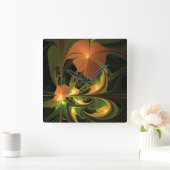 ファンタジー植物抽象芸術緑赤褐色フラクタル スクエア壁時計 (ホーム)