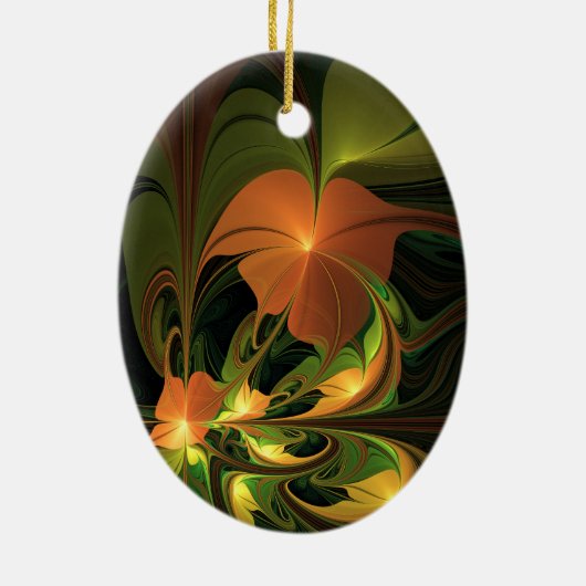 ファンタジー植物抽象芸術緑赤褐色フラクタル セラミックオーナメント (裏面)