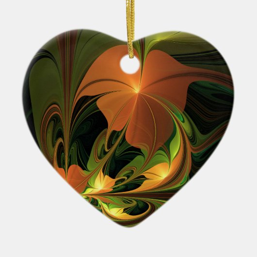 ファンタジー植物抽象芸術緑赤褐色フラクタル セラミックオーナメント (正面)