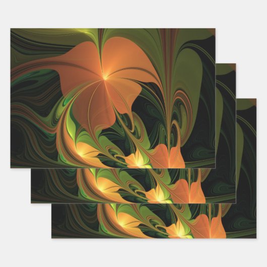 ファンタジー植物抽象芸術緑赤褐色フラクタル ラッピングペーパーシート (セット)
