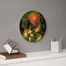 ファンタジー植物抽象芸術緑赤褐色フラクタル ラージ壁時計