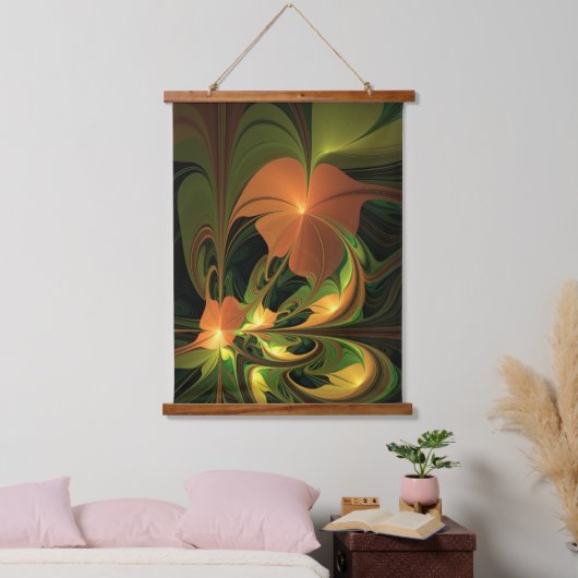 ファンタジー植物抽象芸術緑赤褐色フラクタル 吊り下げ型タペストリー (寝室)