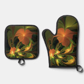 ファンタジー植物抽象芸術緑赤褐色フラクタル 鍋つかみ&鍋敷きセット (正面)