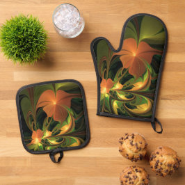 ファンタジー植物抽象芸術緑赤褐色フラクタル 鍋つかみ&鍋敷きセット