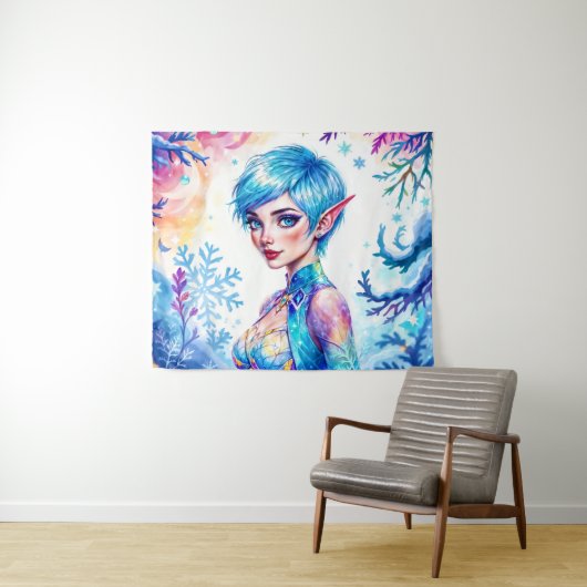 ファンタジー氷小妖精や小人冬魔法スノーフレークアート タペストリー (インサイチュ(横))