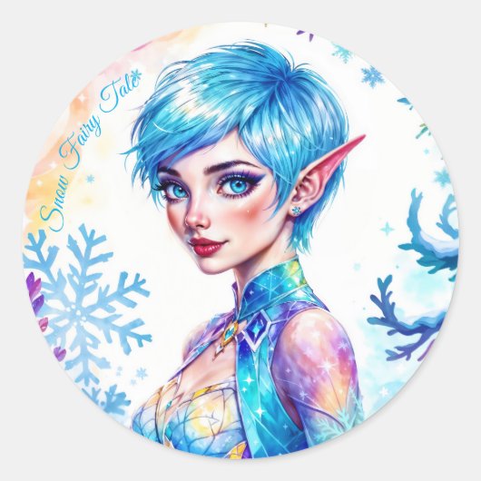 ファンタジー氷小妖精や小人冬魔法スノーフレークアート ラウンドシール (正面)