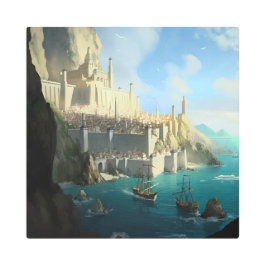 ファンタジー港の街並み – 海の要塞 メタルプリント