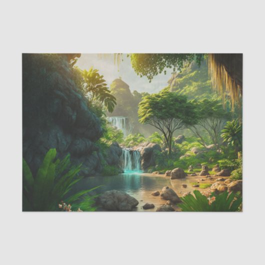 ファンタジー熱帯パラダイスランドスケープと滝 薄葉紙 (正面)
